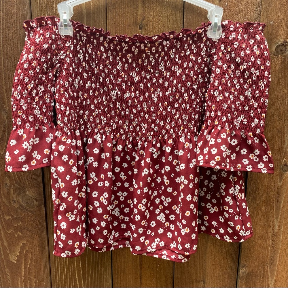 Wishful Park maroon floral off-the-shoulder top